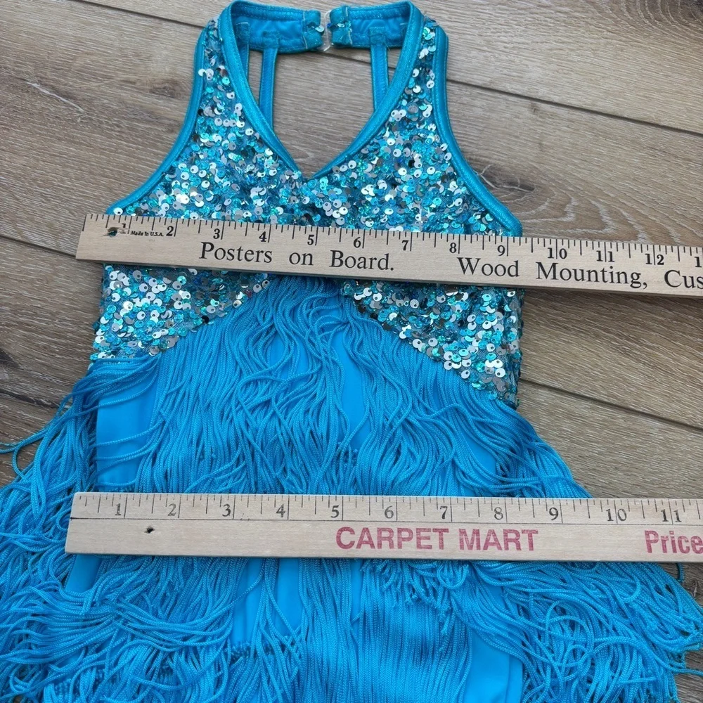 Weissman Showtime Dance Costume 10425 Size SC Blue Fringe Sequins Skating Tap